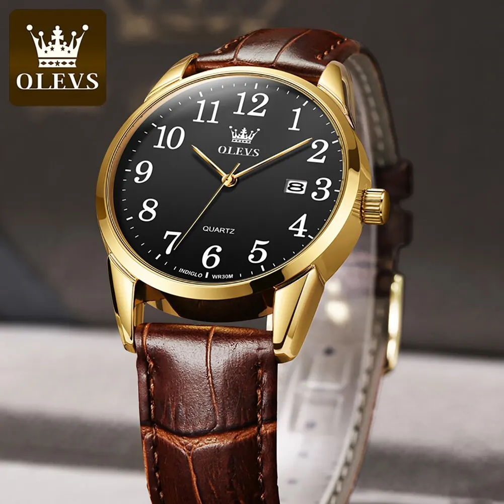 OLEVS Classic Quartz Watch for Men Brown Leather Strap Watch With Date Feature Digital Dial Waterproof Business Man Wristwatch