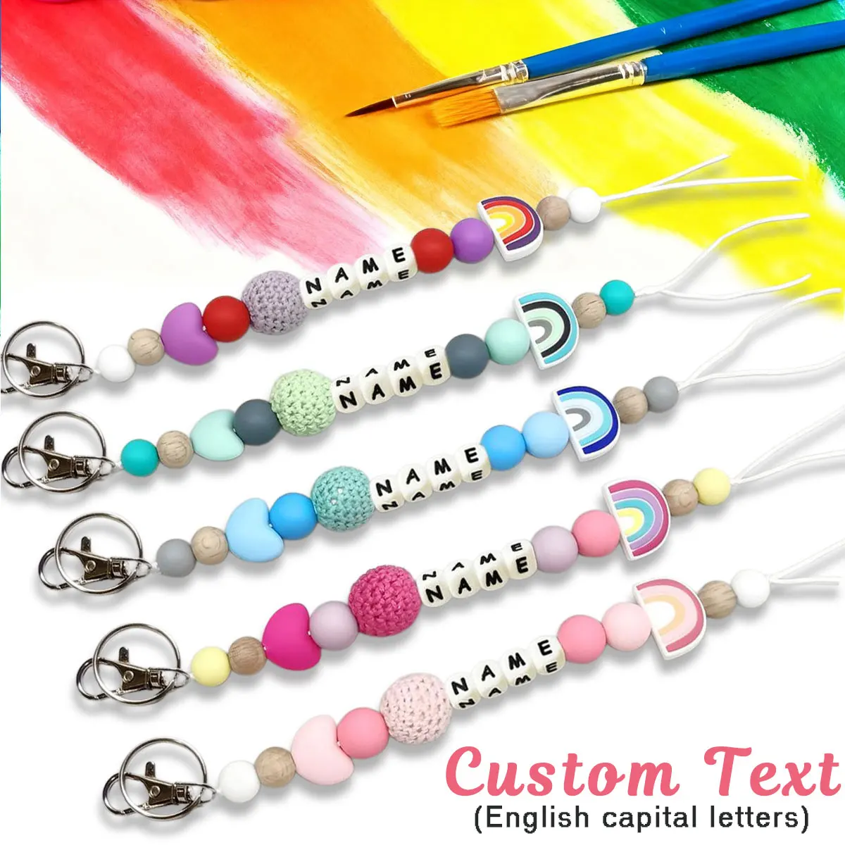 1 Stück personalisierter Namensschlüsselanhänger mit Regenbogenperlen, geometrische Herzform, modischer Taschenanhänger, Valentinstag/Weihnachtsgeschenk