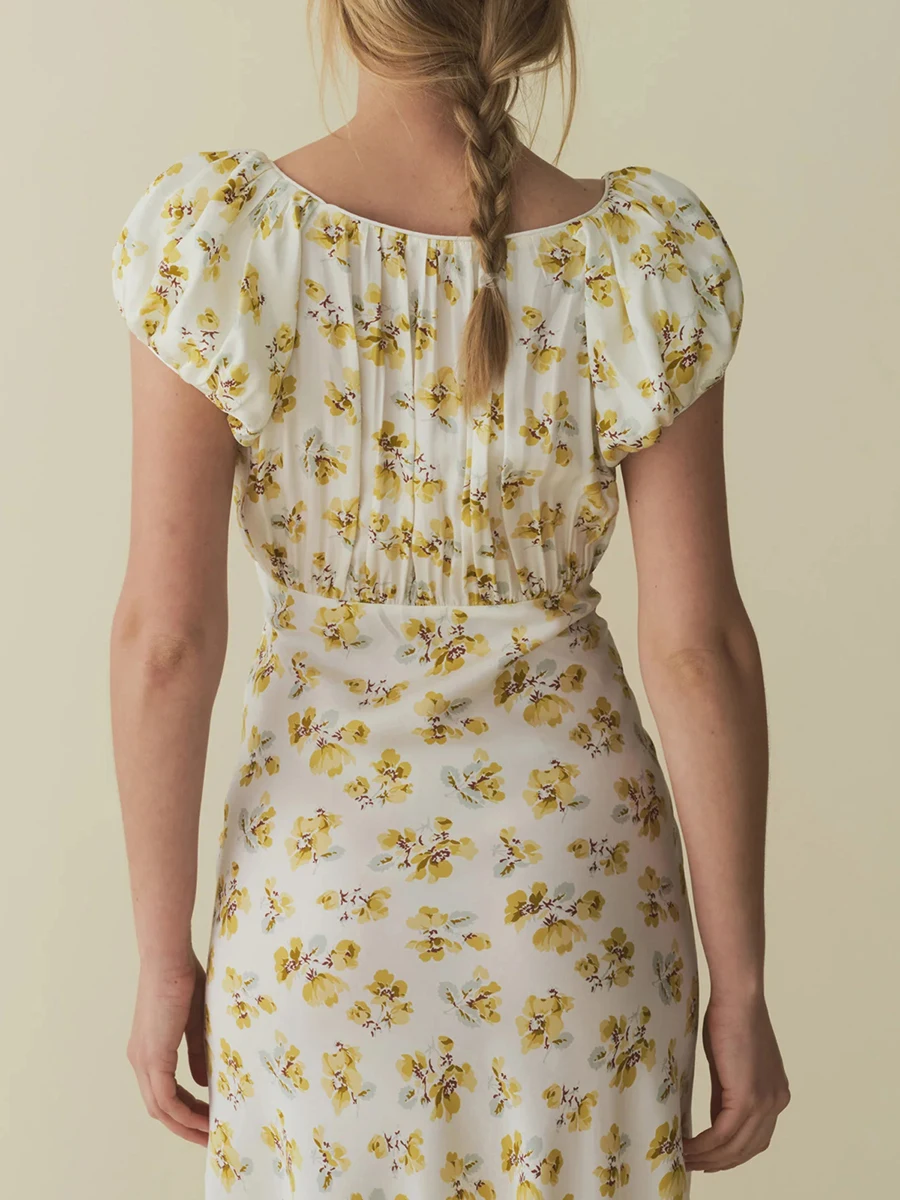 فساتين نسائية صيفية أنيقة بطبعة زهور طويلة بأكمام قصيرة منتفخة فستان على شكل حرف A لحفلات الكوكتيل وحفلات الشاطئ ملابس الشارع