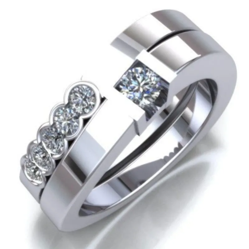Minimalistisches Damenring-Set mit eingelegten weißen Zirkonia-Steinen, trendige silberfarbene Geometrie, für den täglichen Gebrauch, Partyschmuck, Jubiläumsgeschenk