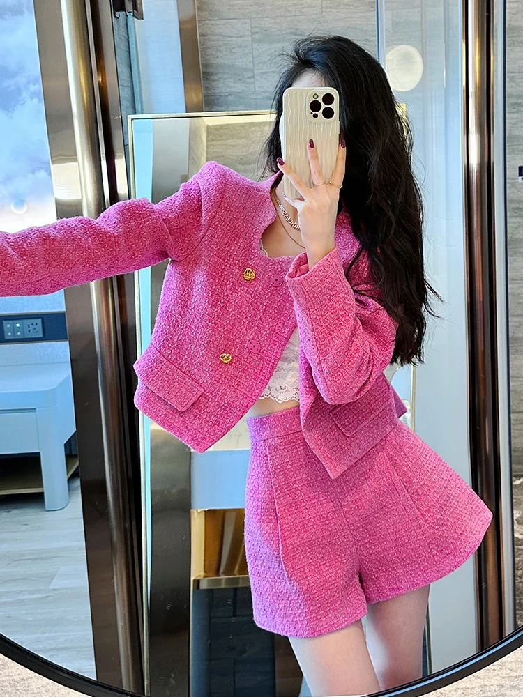 Fashion Women\'s Tweed Shorts Suits 2 Piece Set 2023 Autumn New Single-Breasted Woolen Short Coat Jackets Shorts Outfits Clothing