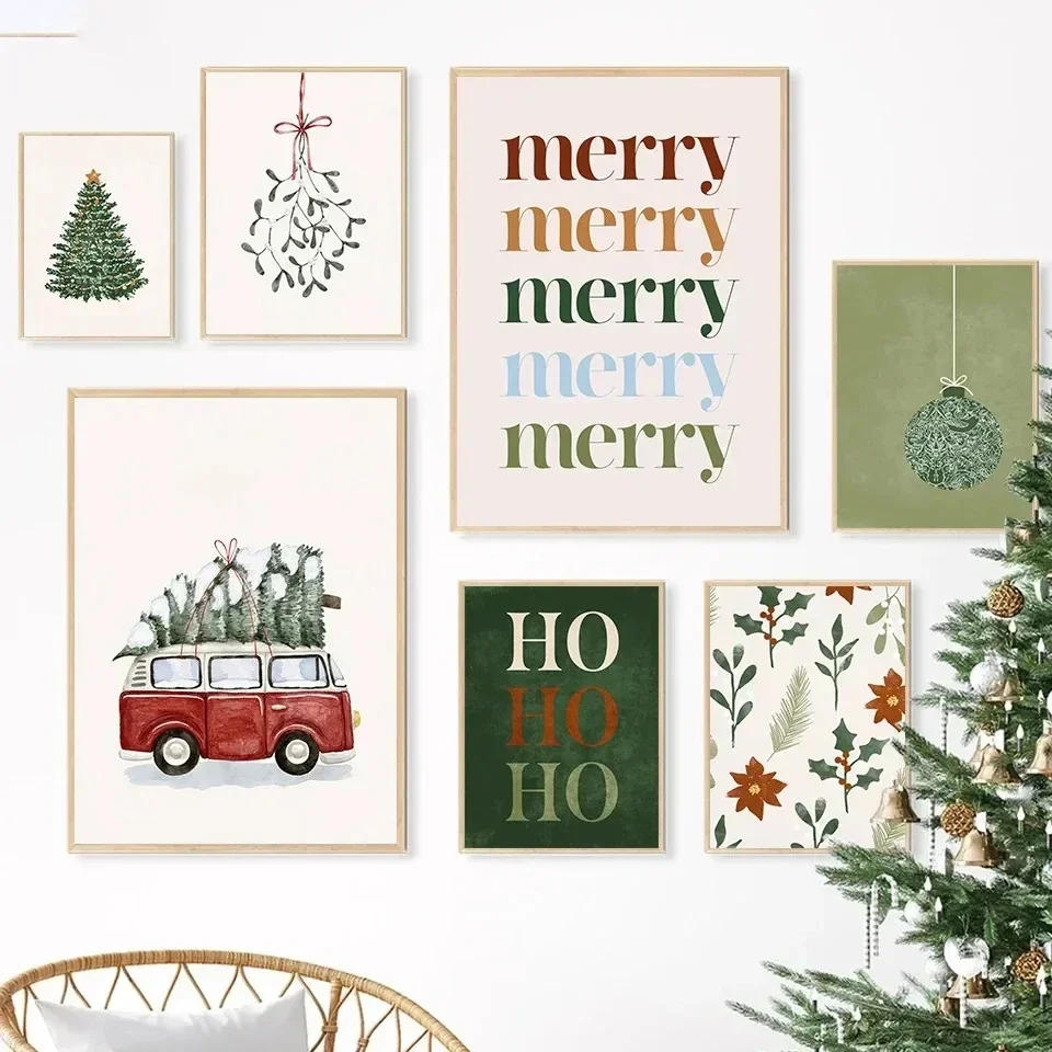 Christmas Tree Ball Decoration Poster Frosted Holly Winter Van Canvas Painting Snowflake Prints Decorative Home Room Picture