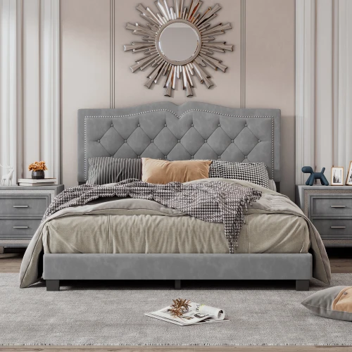 # Upholstered Bed Frame With Rivet Design, Modern Velvet Platform Bed With Tufted Headboard For Bedroom