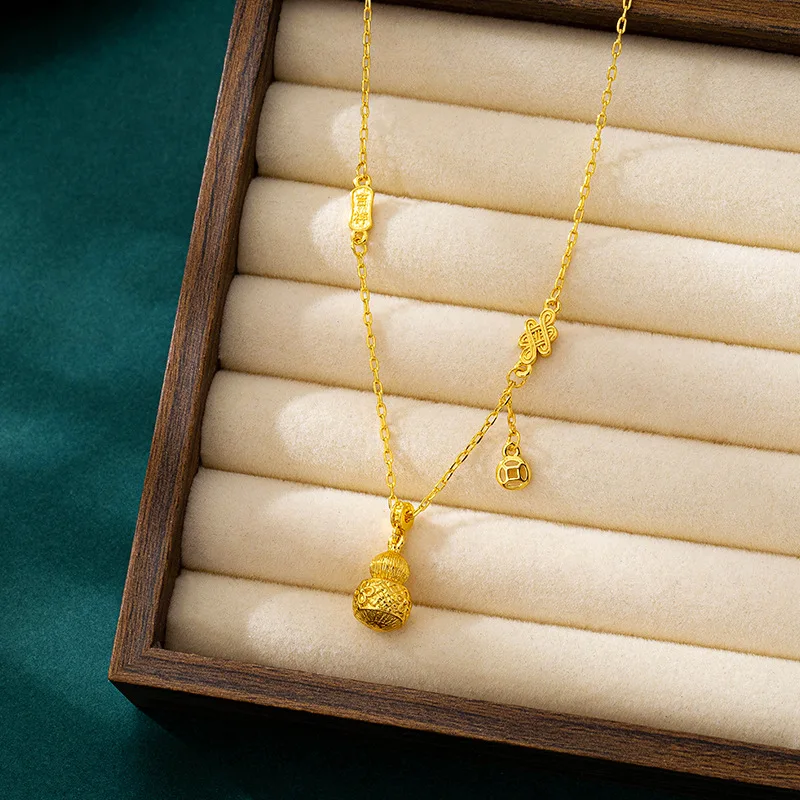 

Trendy Vintage Sand Gold Clavicle Chain for Women New Chinese Lucky Gourd Tassel Coin Necklace Palace Style Gold Plated Jewelry