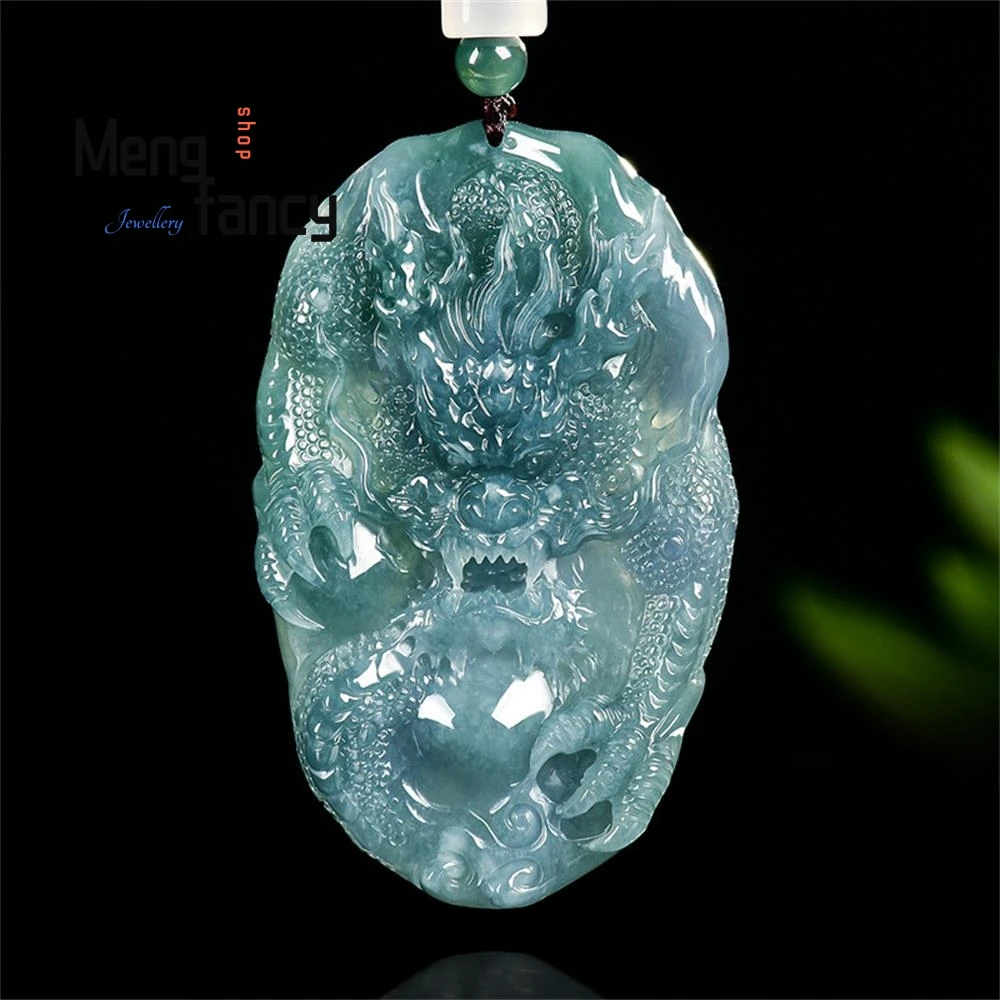 

Natural A-grade Jadeite Blue Water Zodiac Divine Dragon Guarding the Main Ice Type Jade Pendant High-grade Fashion Charm Jewelry