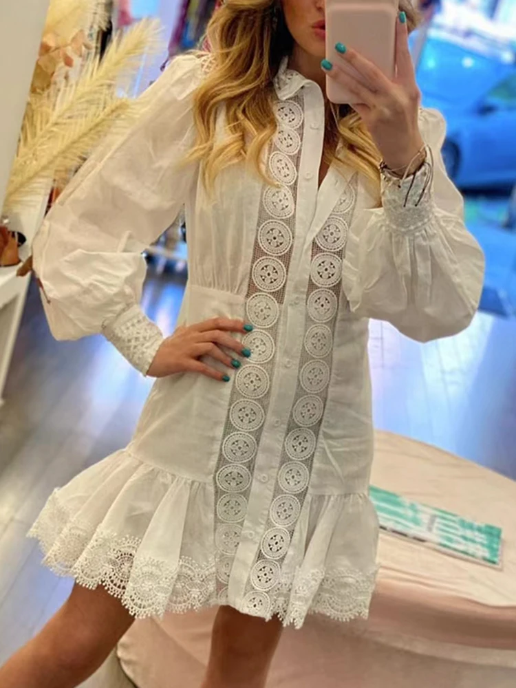 VGH Solid Hollow Out Embroidery Dress For Women Stand Collar Lantern Sleeve High Waist Spliced Single Breasted Dresses Female