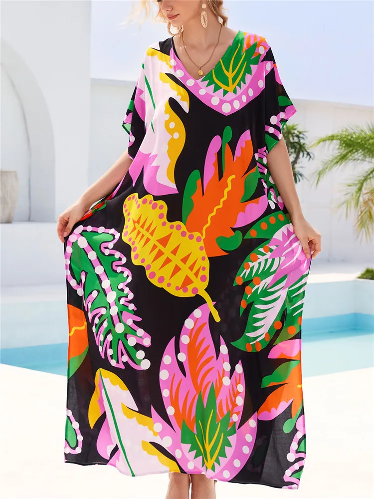 Tropical Plants Printed Large Beach Dress for Woman Summer Outwear Pullover Long Dresses Beach Party Dresses Maxi Boho Cover Up