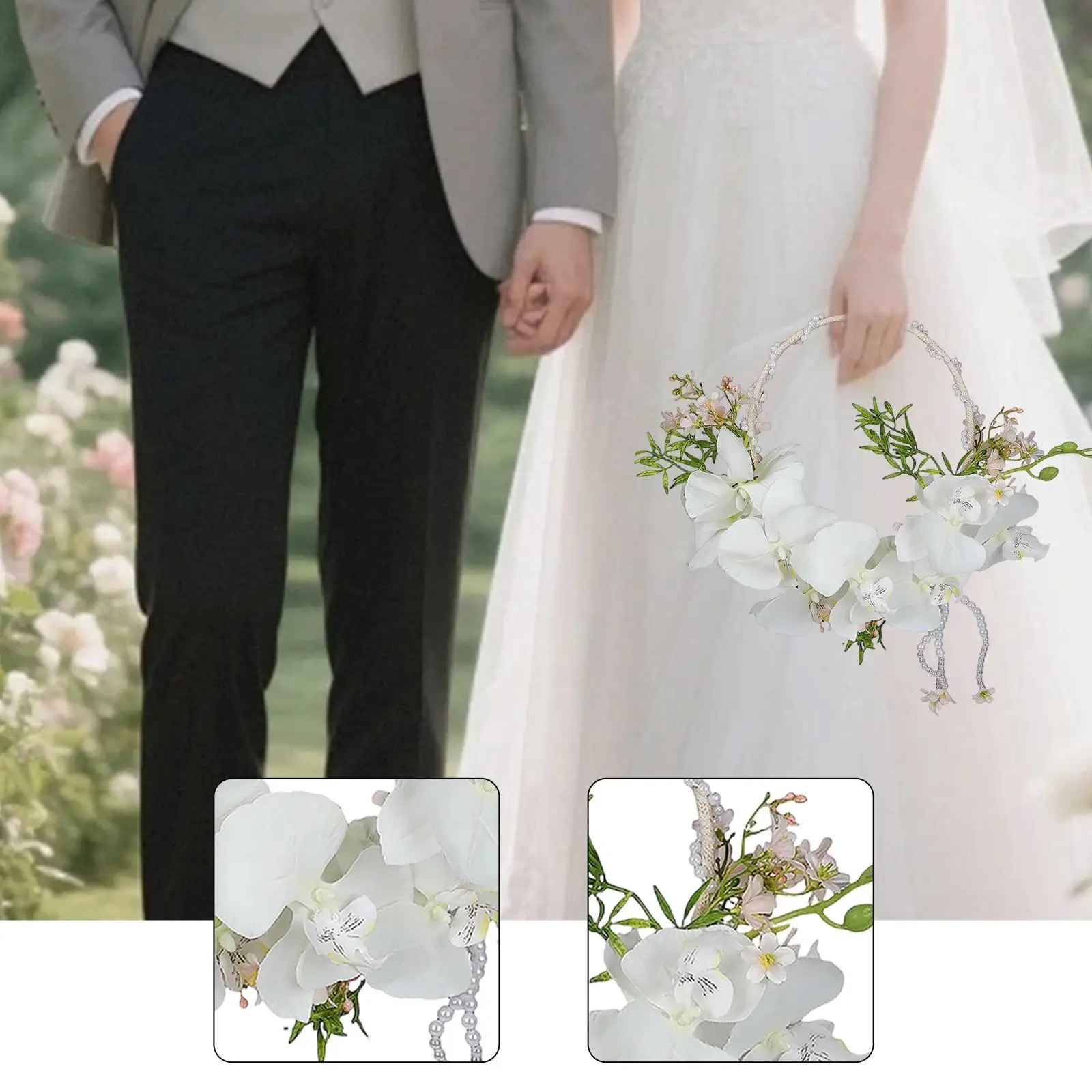 Romantic Silk Flower Wreath for Bride Hand Held Beaded Garland Decoration for Wedding Photography Party Prop