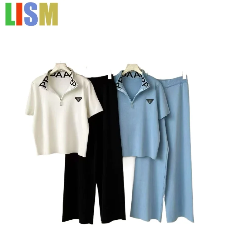 

LISM 2025 summer new women's pure cotton short sleeved T-shirt polo shirt with a lapel top slimming wide leg pants casual set