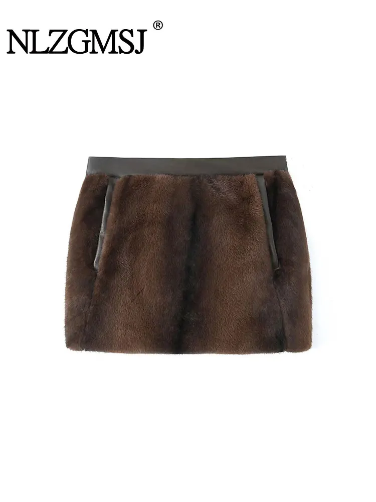 TRAF 2025 Winter Women Faux Fur Mini Skirts Mid Rise Women's Skirts Fluff Warm Short Woman Skirts Streetwear Casual Skirt ﻿