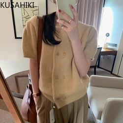 KUSAHIKI Korean Chic Autumn Retro Niche Round Neck Double Breasted Soft Versatile Puff Sleeve Knitted Sweater Top dla kobiet