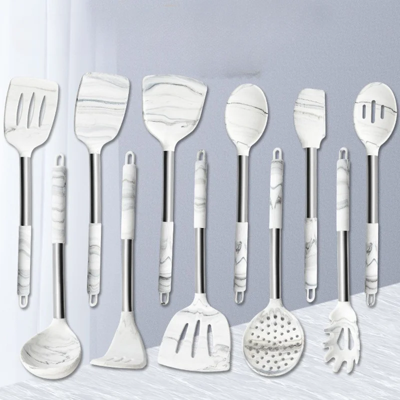 Silicone Kitchenware 11-piece Set Kitchen Non-stick Spatula Spoon Marbled Stainless Steel Baking Tools Cooking Tools