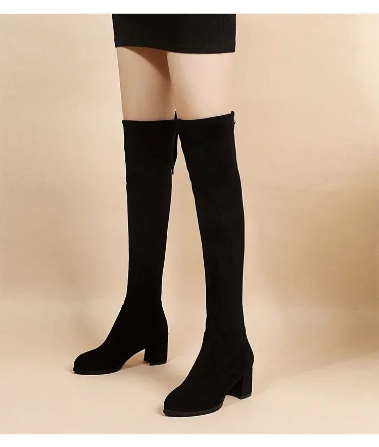 Faux Suede Female Heels Autumn Zipper Elastic Knee-high Boots for Women Tube Lace-up Thigh Gigh Boots Black Botas Mujer