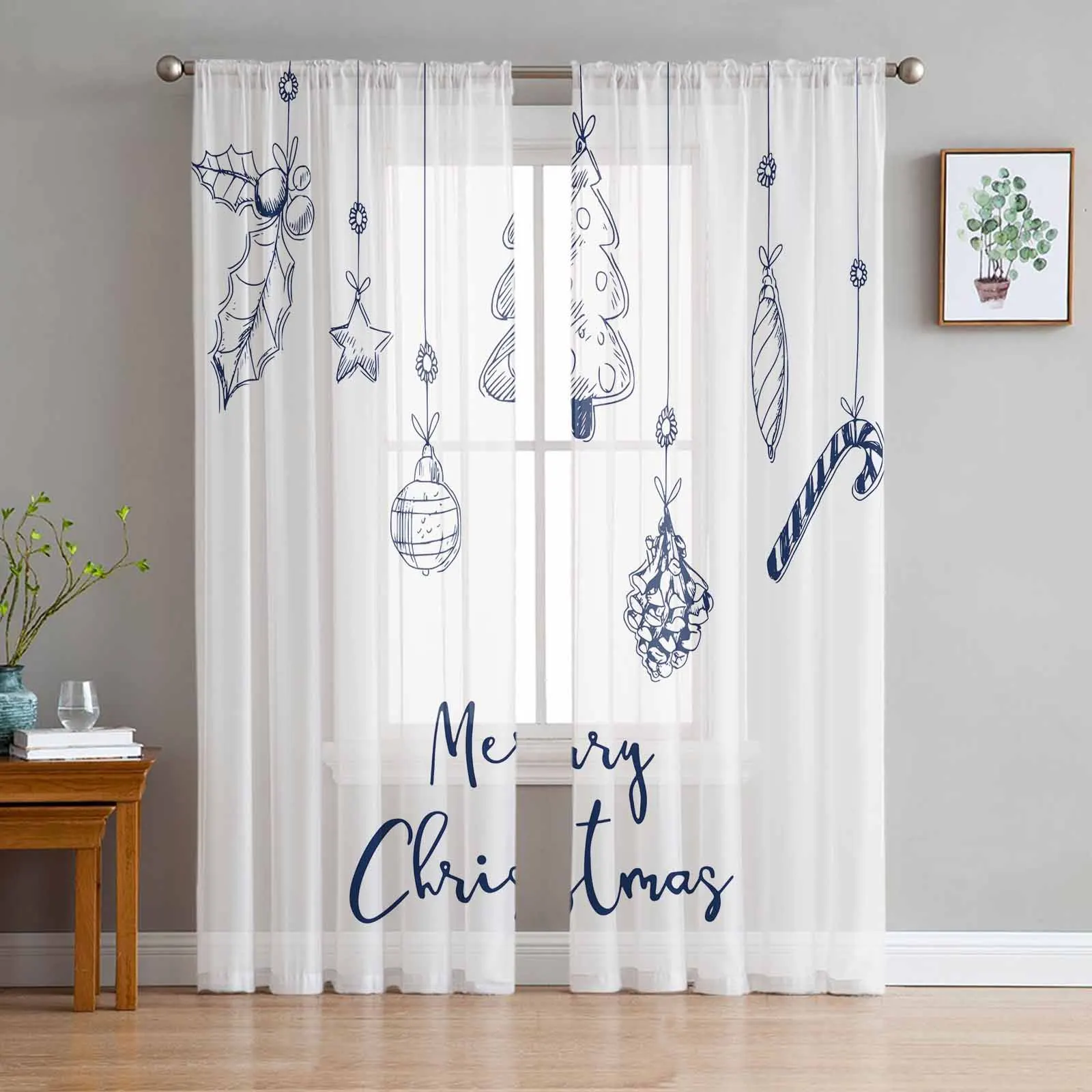 Christmas Tree Pine Trees With Retro Lines  Sheer Curtains for Living Room Bedroom Home Hotel Decor Chiffon Tulle Curtains