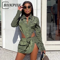 BIIKPIIK Cargo Casual Two Piece Sets Turn Down Collar Button Bodysuits + Slits Pockets Elastic Mini Skirts Suits Streetwear Sets