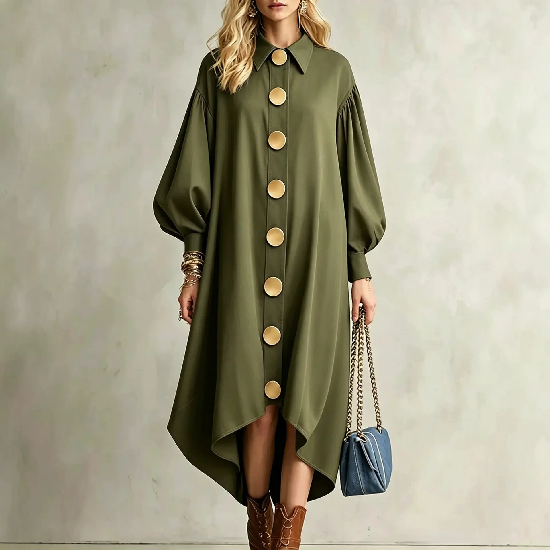 Button Front Cardigan Maxi Dress Women Lapel Collar Puff Lantern Sleeve Loose Long Dress Irregular Hem Autumn Elegant Dress
