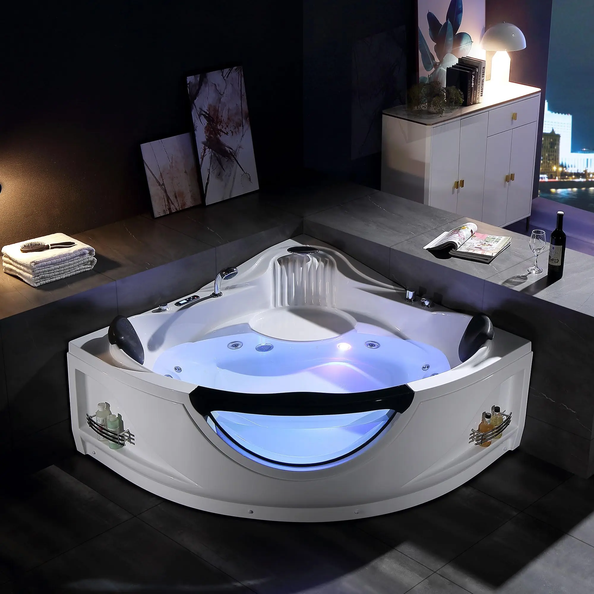 Corner Whirlpool Bathtub with Heater 2 Person 59