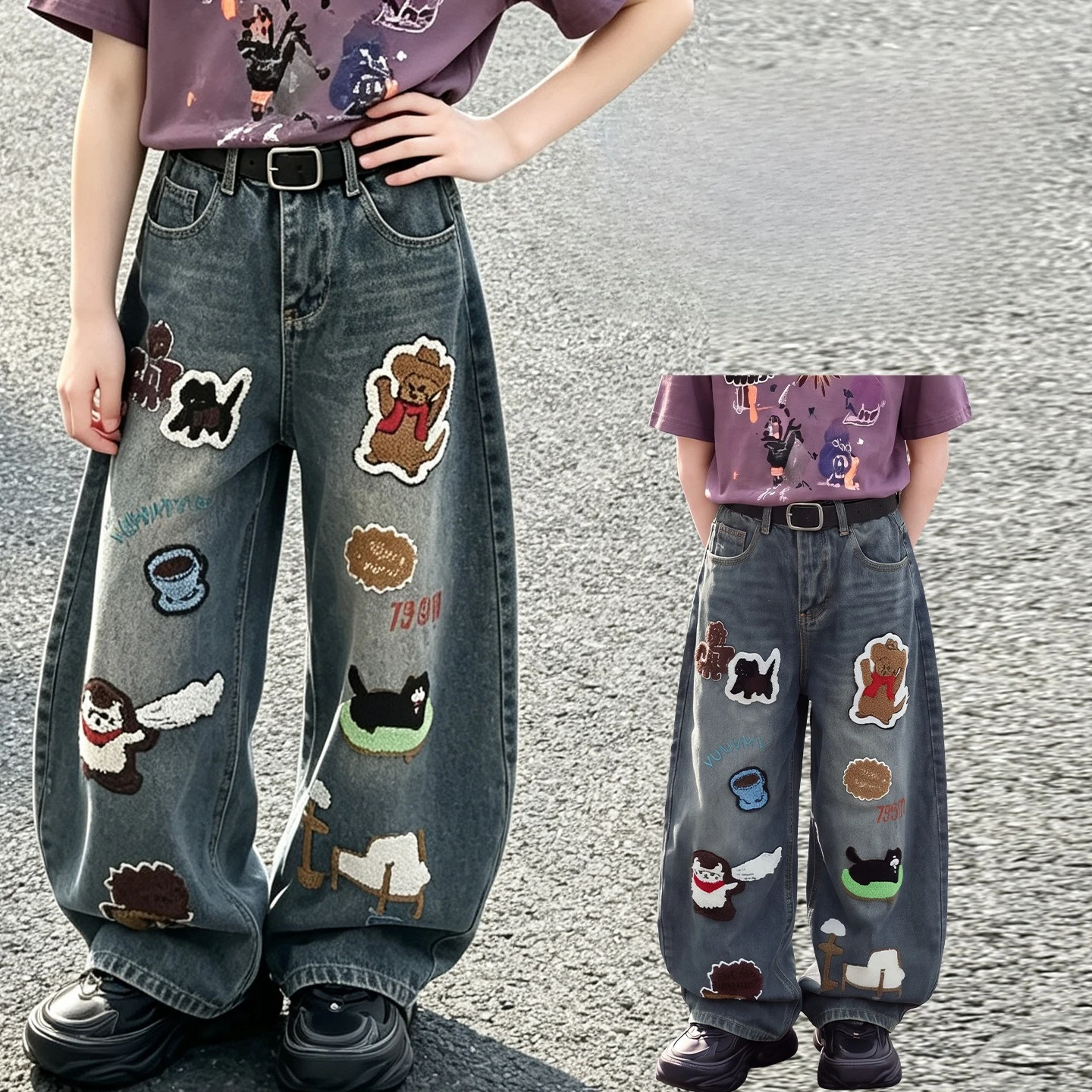 Teen Kids American Vintage Embroidered Jeans Girls Autumn High Waist Wide Leg Pants Loose Versatile Floor‑Length Denim Trousers