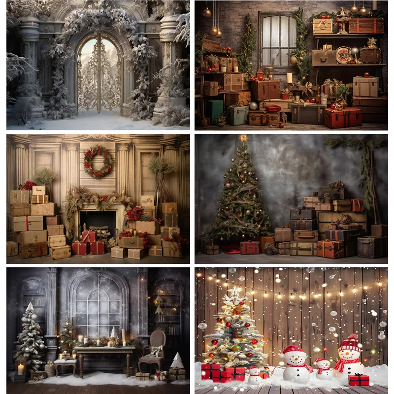 

Christmas Day Photography Backdrops Prop Fireplace Window Winter Xmas Tree Decoration Flower Garland Wood Door Background JU-11