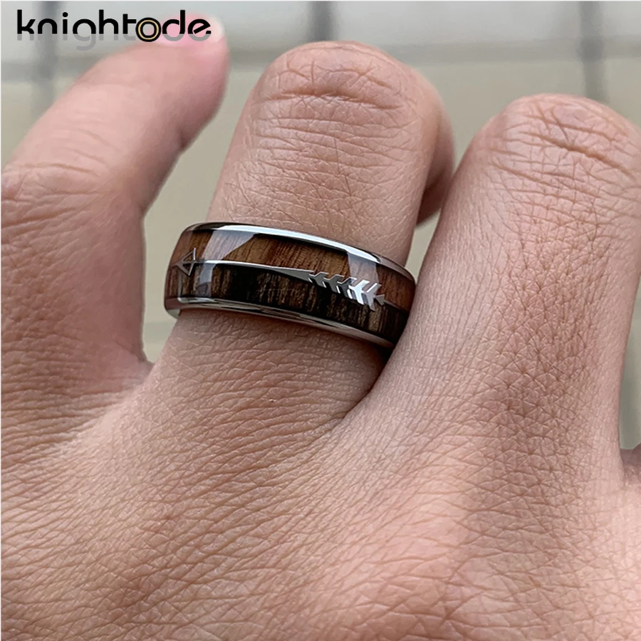 8mm Fashion Tungsten Carbide Wood Rings Steel Arrow Inlay For Men Women Classic Engagement Ring Dome Band Polished Comfort