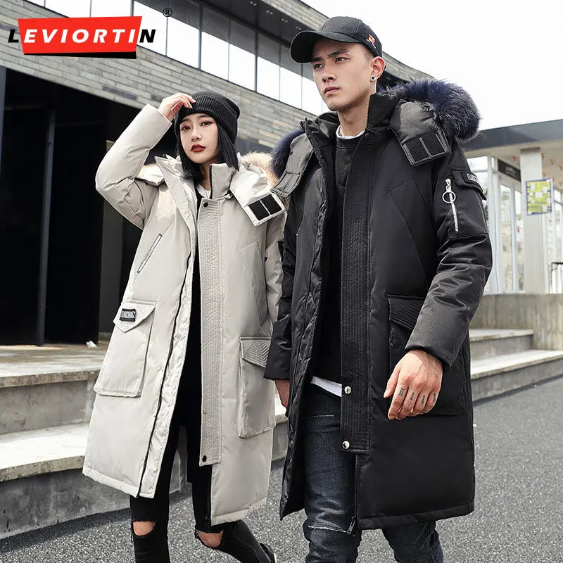 New Winter Fake Fur Collar Hooded Warm Down Coat Men\'s White Duck Down Pocket Thickened Coat Fashion Long Coat S-3XL