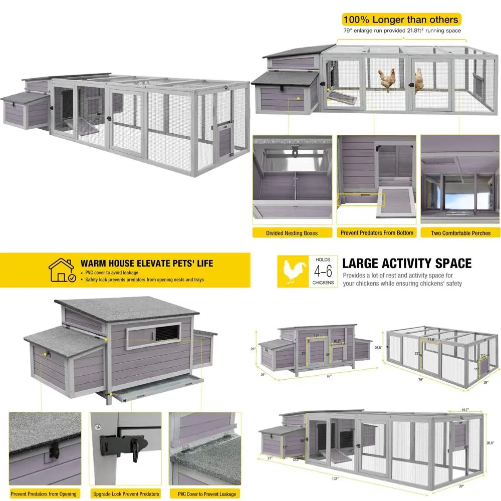 

Деревянный курятник с двумя коробками для гнездования, просторным бегом на свежем воздухе и ящиком для кроликов для 4-6 птиц