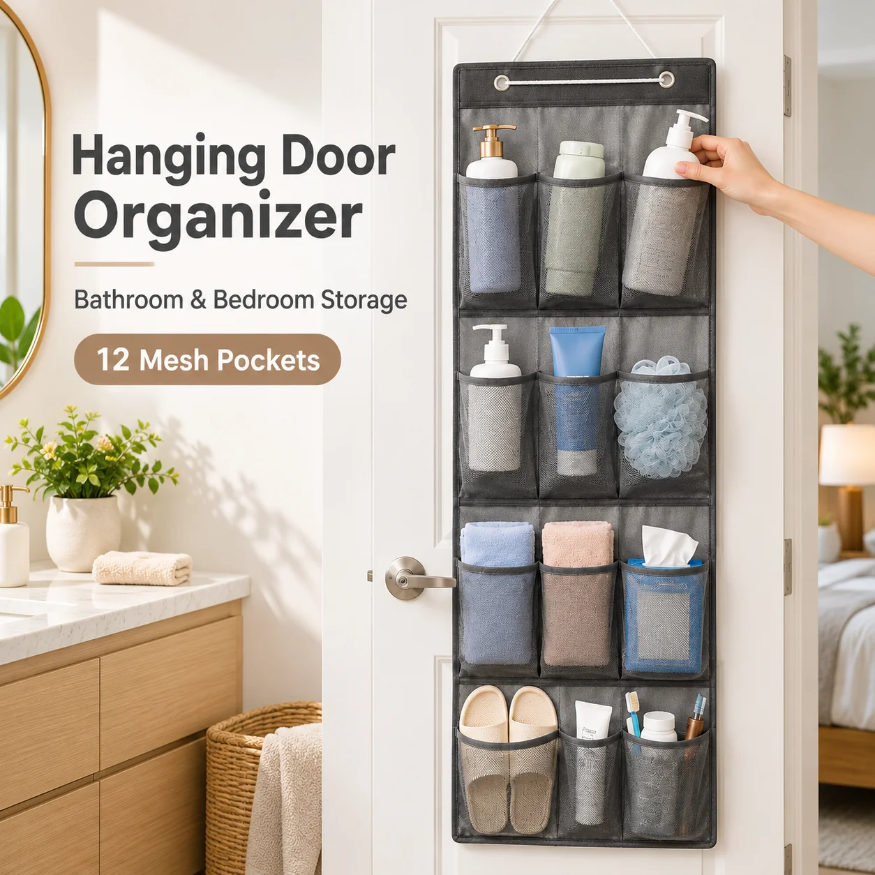 12-Pocket Hanging Door Organizer, Soft Mesh Bathroom Storage for Toiletries, Towels, Slippers and Bedroom Essentials