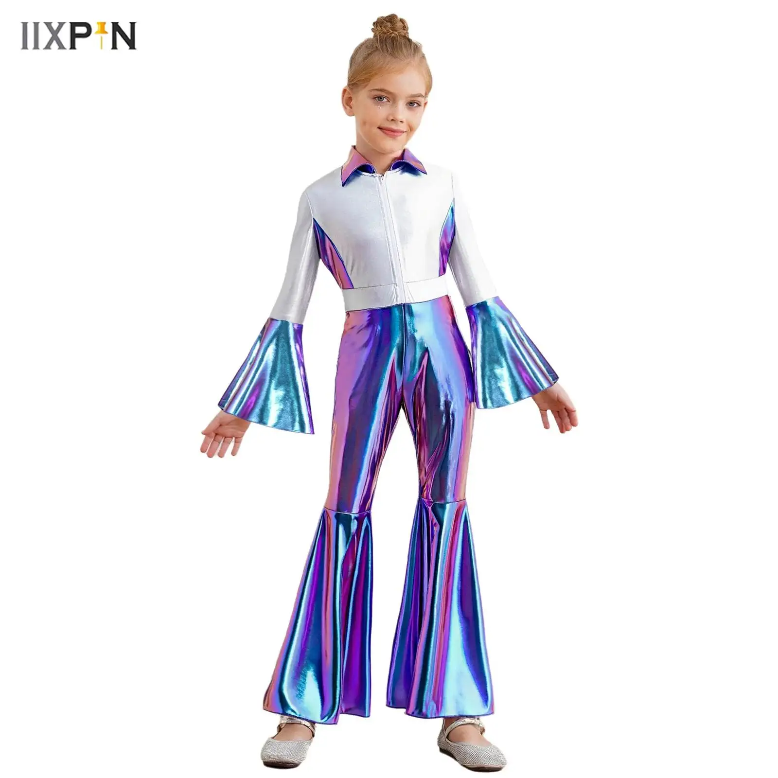 

Kids Girls 70s 80s Disco Dance Jumpsuit Metallic Gloss Contrast Color Turn-Down Collar Long Bell Sleeve Long Leg Flare Rompers