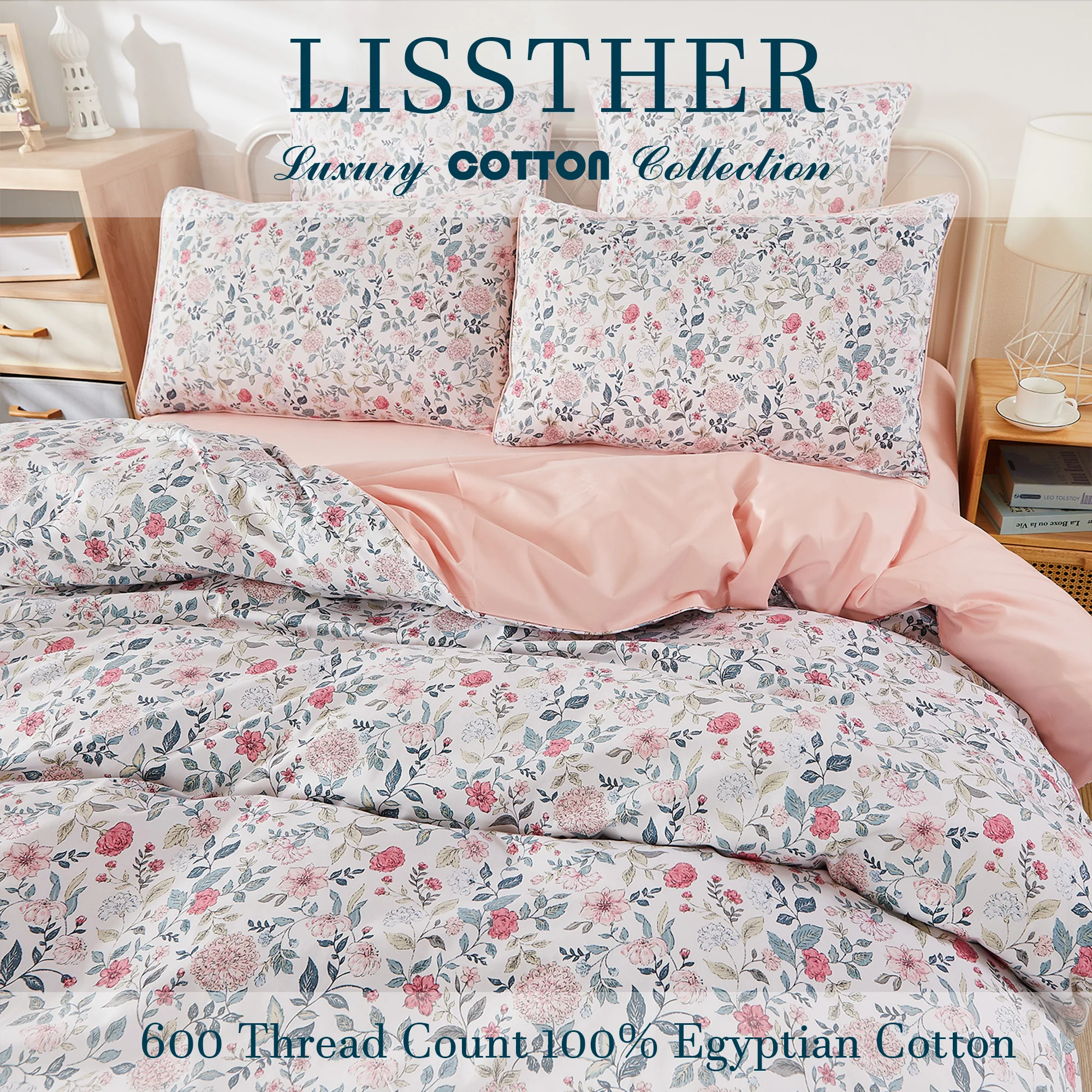 

3pcs 600TC 100% Egyptian Cotton Duvet Cover Set, Luxury Vintage Shabby Chic Floral, Soft Skin-Friendly (No Inserts)