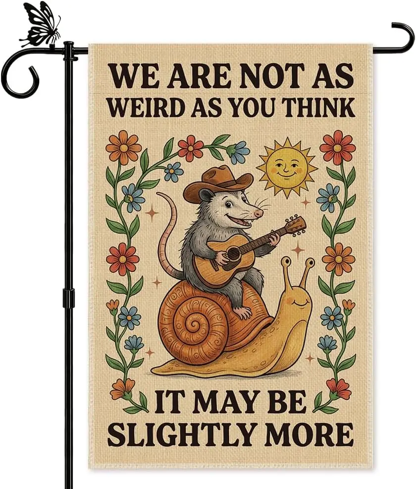 We Are Not As Weird As You Think Garden Flag, Double Sided Funny Guitar Opossum Riding Snail Yard Flag Gifts, Slightly More  cci