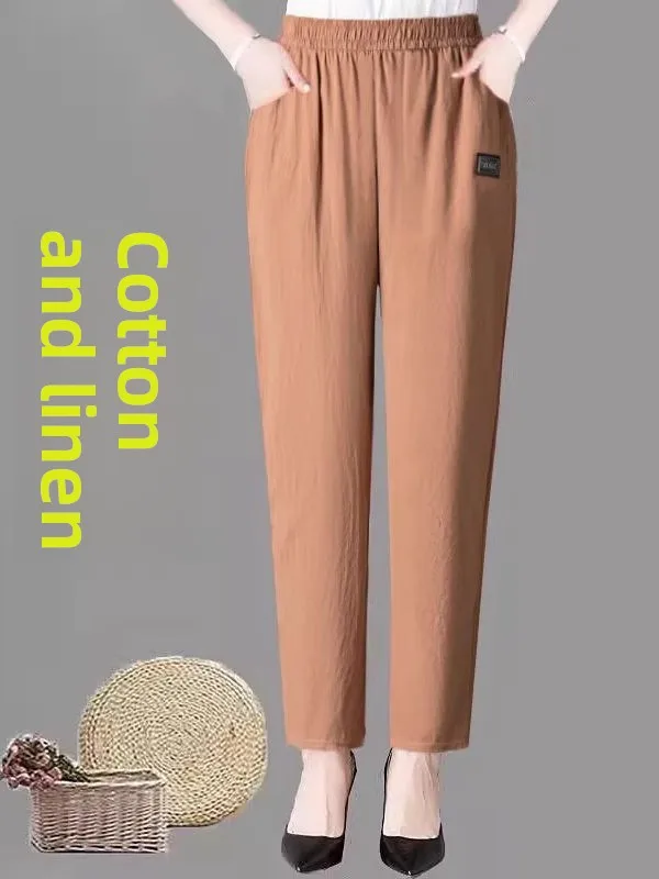 ฤดูร้อนใหม่ผ้าฝ้ายลินินผู้หญิงสบายๆกางเกงหลวมยืดหยุ่นเอวบาง Harem กางเกงเกาหลี Sle เอวสูงเก้าจุดกางเกง