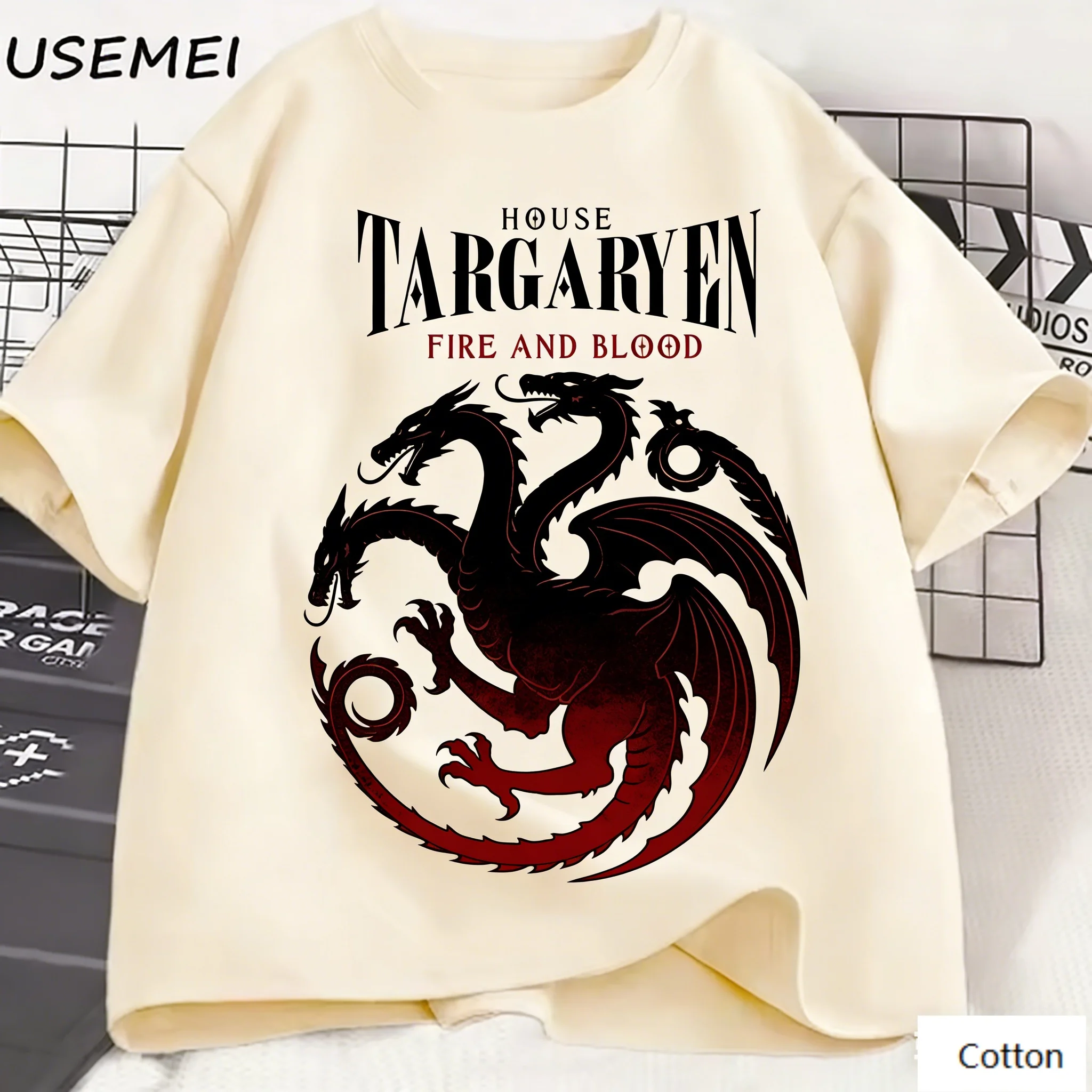 Camiseta Unisex de Algodón Estilo Vintage con Diseño Retro de la Casa Targaryen y Estampado de Dragón de Tres Cabezas, Camiseta Retro Streetwear