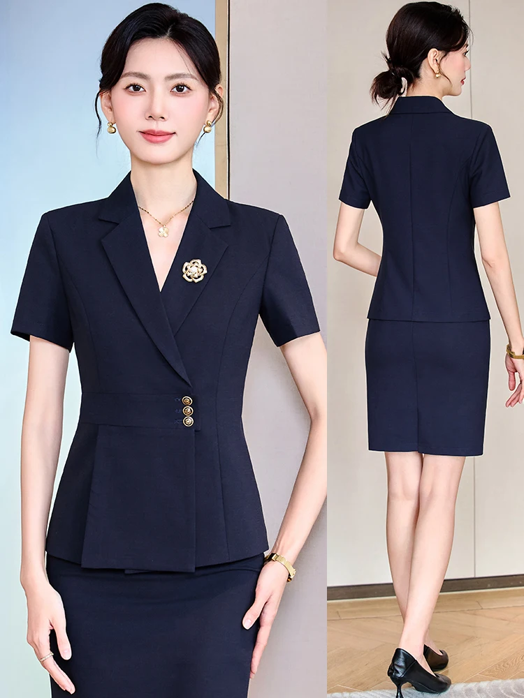 Blue Suit Set Women's Professional Workwear Summer Style for Hotel Restaurant Manager Jewelry Store Beauty Salon