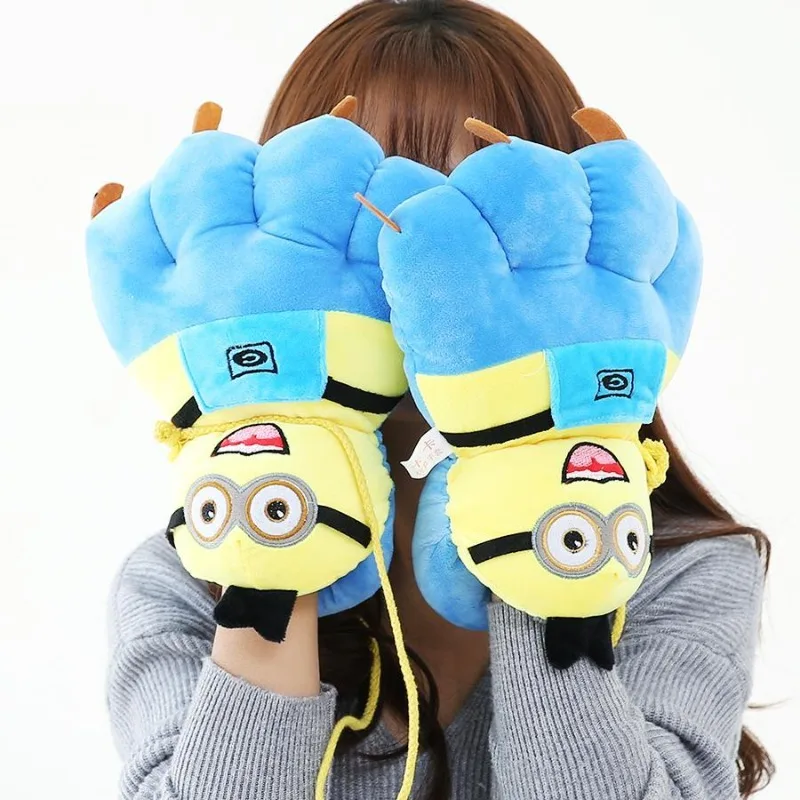 Despicable Me Minion Cartoon Cute Thickened Plush Soft Girl Cat Paw Model Winter Warm Children's Full Finger Gloves Wholesale