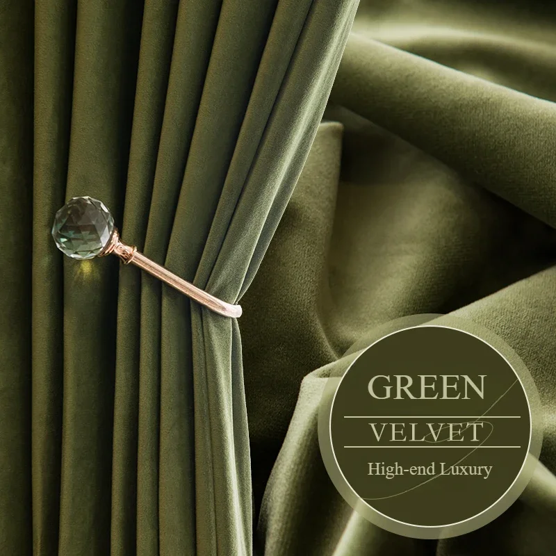 

American Retro Olive Green Curtains for Shading, Light Luxury, Modern French Velvet Curtains for Living Room Bedroom Dining Room