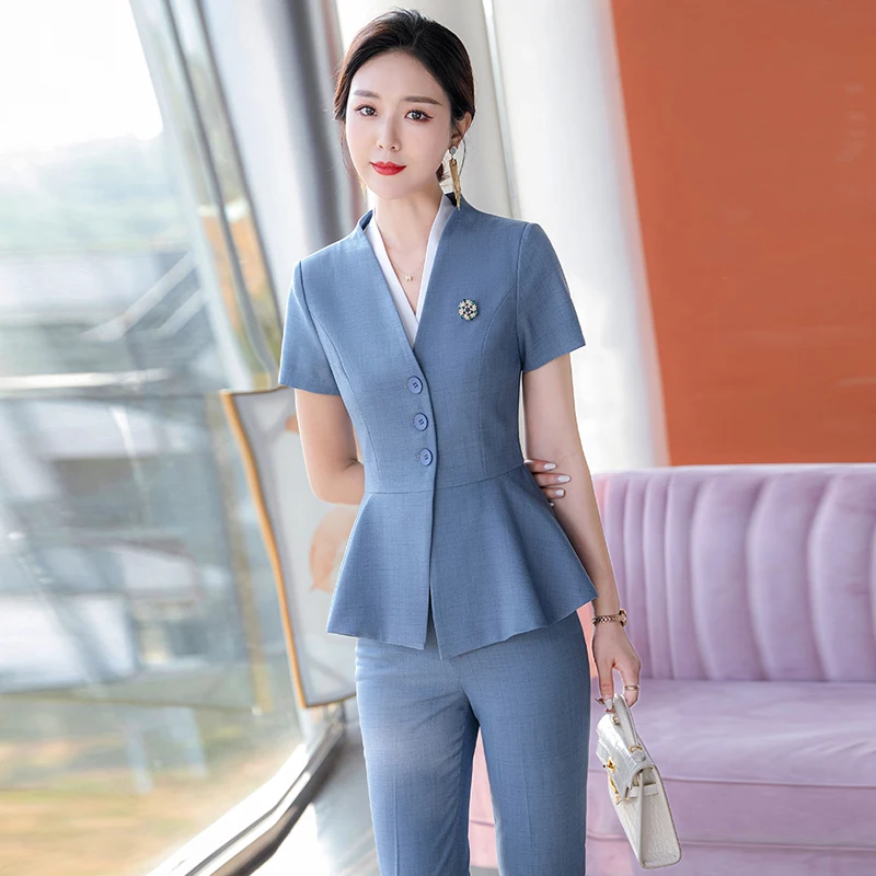 Elegant Grey Summer Short Sleeve Women Formal Professional Business Suits OL Styles Ladies Office Pantsuits Blazers Pants Set