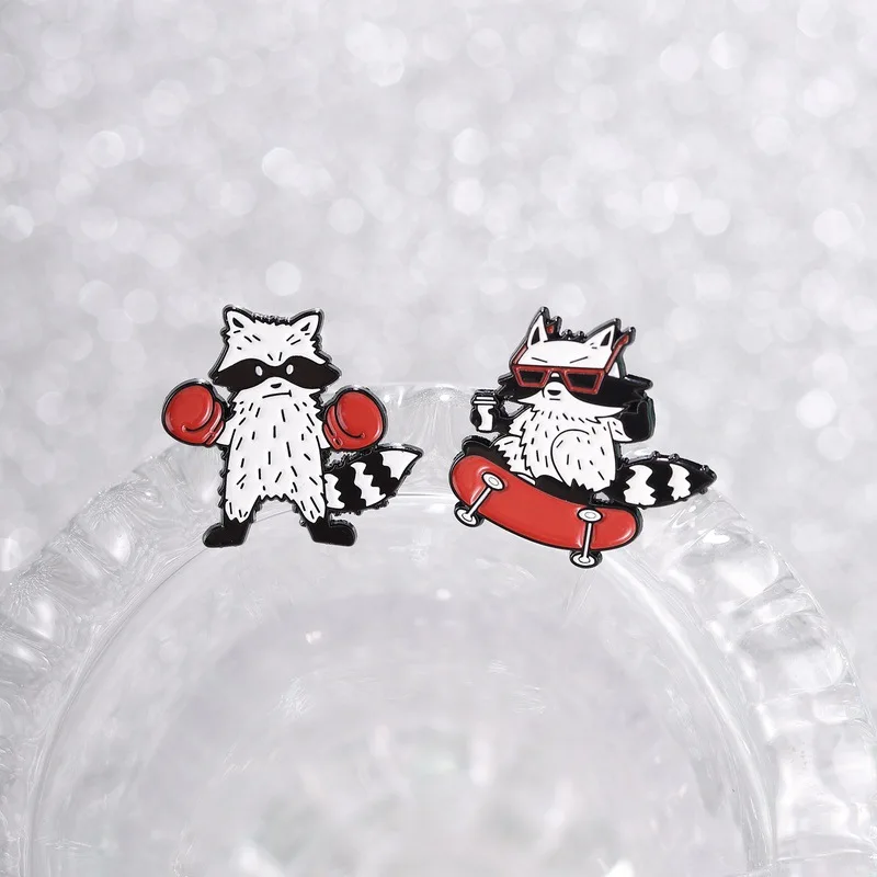 Creative Playing Skooter Drinking Matcha Boxing Raccoon Pins Brooch Cartoon Animal Enamel Corsage Lapel Pin Accessory Collar Hat