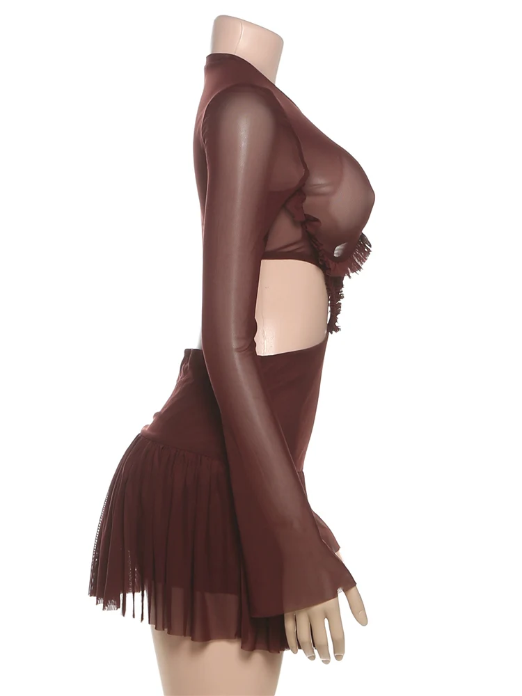 เดรสสั้นผ้าตาข่ายปะติดปะต่อ คอกลม แขนยาว แต่งระบาย ดีไซน์เว้าเอว สำหรับงานปาร์ตี้กลางคืน สไตล์เซ็กซี่ แฟชั่นเข้ารูป