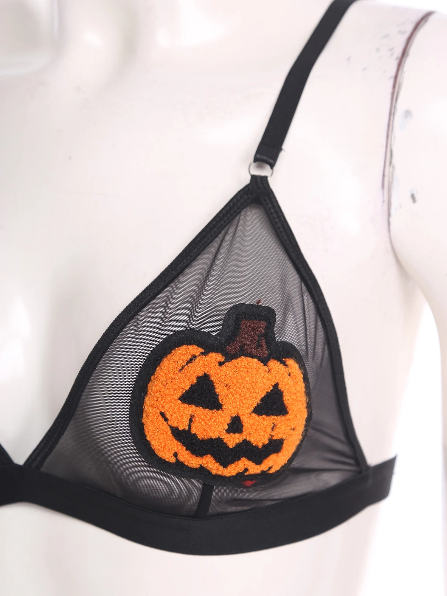 

Женский комплект нижнего белья бикини с жуткой тыквой, ночное белье на Хэллоуин, прозрачная сетка, бюстгальтер без подкладки без косточек и мини-трусы, нижнее белье