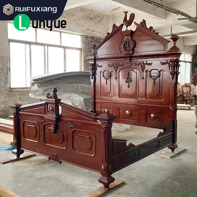 European Carved Solid Wood Bed Queen King Size American Luxury Bedroom Furniture Villa Home Decor High End Double Bed Frame