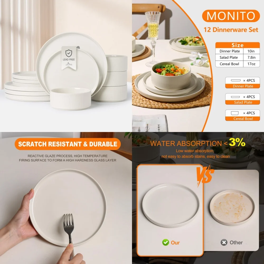 

Набор керамической посуды, 12 шт., набор керамической посуды для 4 входят тарелки, миски, стильная керамическая посуда, идеально подходящая для повседневного использования и