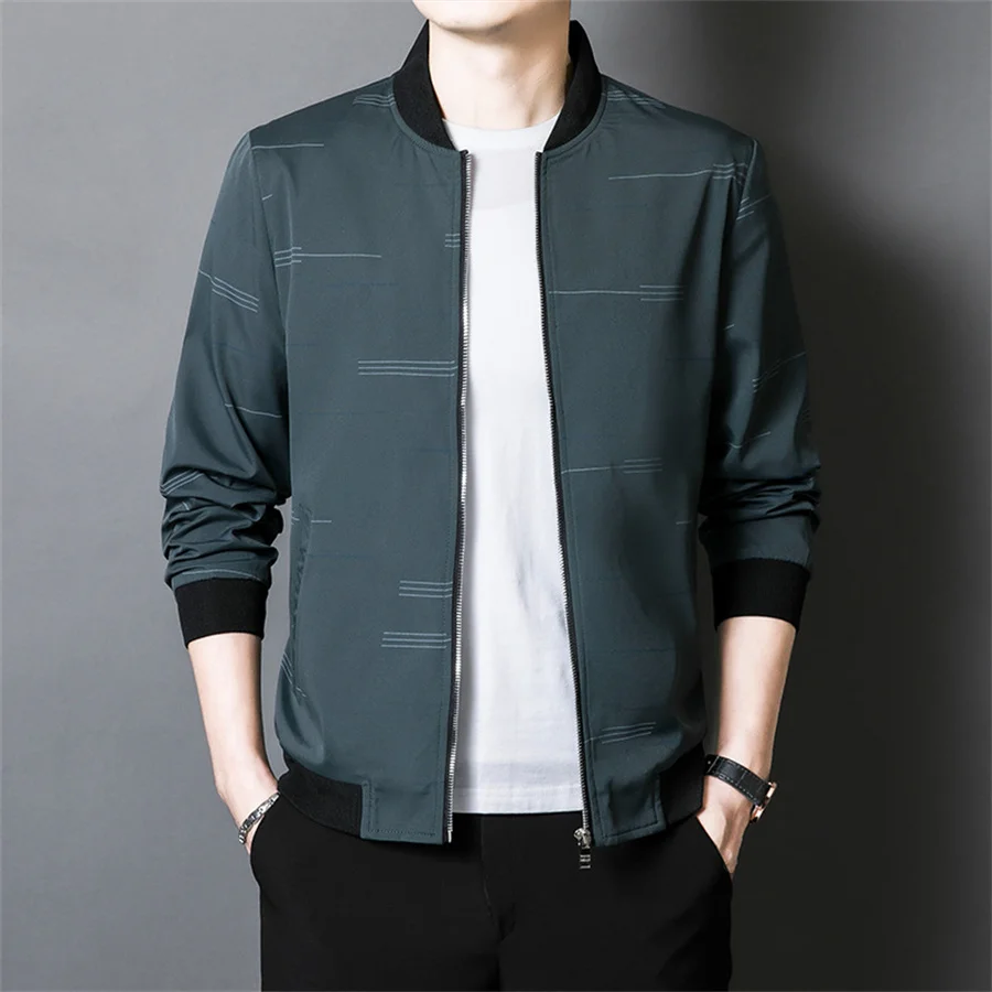 

202, весенне-осенняя мужская куртка-бомбер, тонкая повседневная бейсбольная куртка с воротником-стойкой и принтом на молнии, корейские деловые социальные мужские куртки