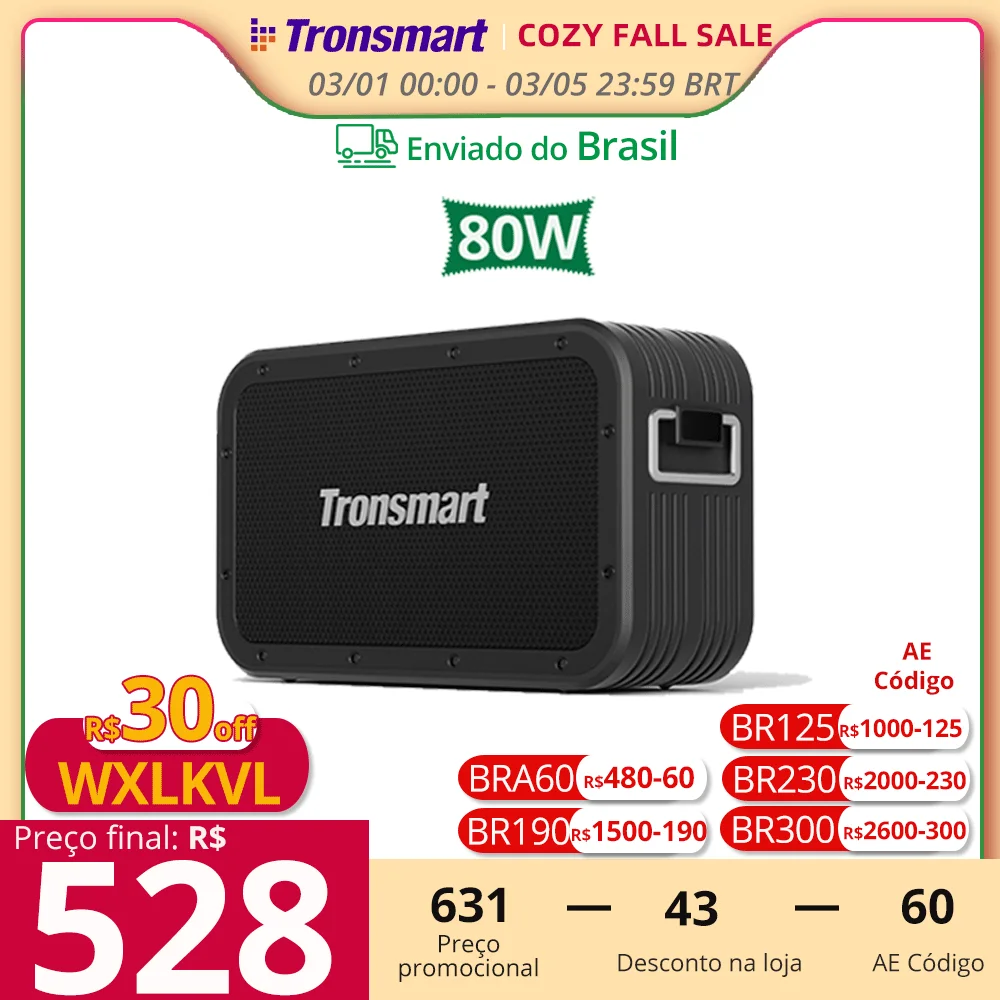 [do Brasil] Alto-falante Tronsmart Force Max 80W Alto-falante Bluetooth poderoso com TWS, Bluetooth 5.0, IPX6 à prova dágua, Powerbank integrado