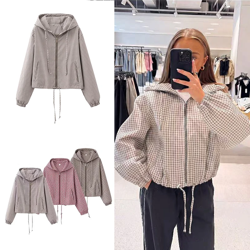 Guobioziy 2026 Spring Autumn Women Hooded Cropped Jacket Trendy Fashion Drawstring Zipper Versatile Daily Casual Outer Garment