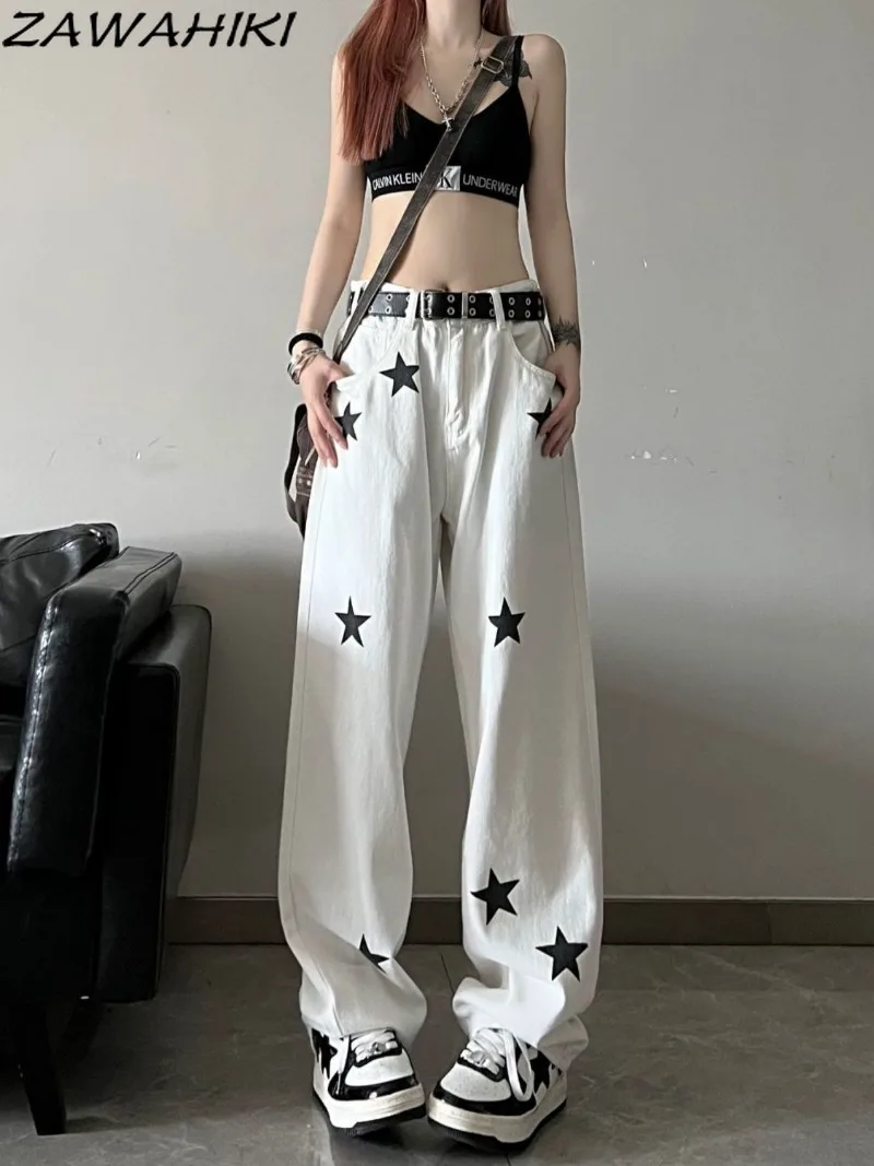 

ZAWAHIKI High Waisted Jeans Star Print Fashion All Match New Arrive Loose Straight Casual Wide Leg Vintage Y2K Aesthetic Pants