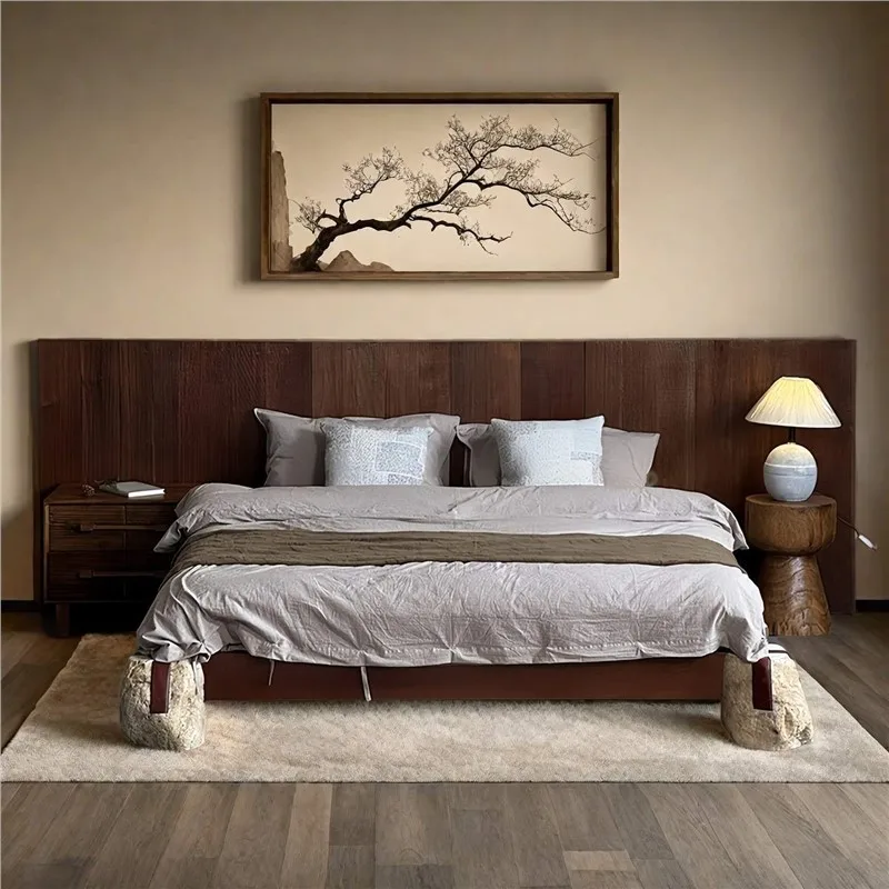 Solid wood double bed, master and secondary bedrooms, tatami mat bedroom, hotel, weathered wood and stone floor-length bed