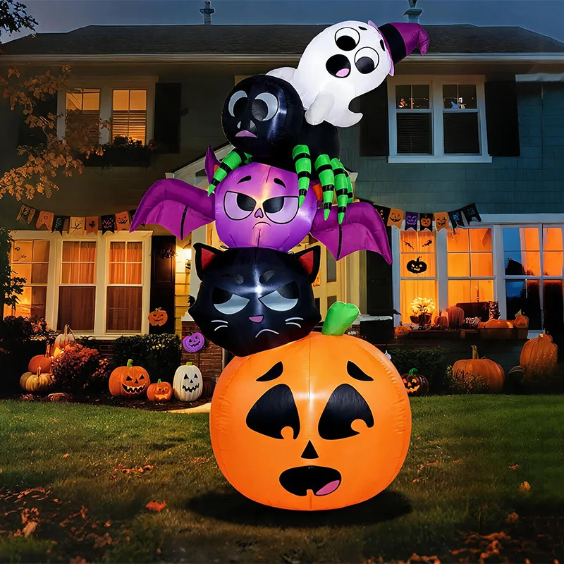 1.8M Halloween Inflatable Decoration Stacked Pumpkin Black Cat Bat Spider Ghost Airmold LED Garden Party