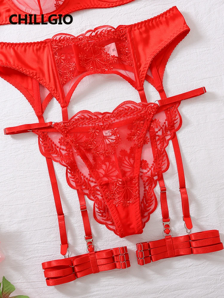 CHILLGIO مثير المرأة الأزهار التطريز الدانتيل الصدرية موجز الدعاوى Bodycon دفع Underwire الملابس الداخلية الحميمة أربع قطع أطقم داخلية جريمي