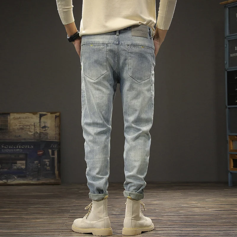 Fashion Designer Men Jeans Retro Blue Elastic Slim Fit Spliced Vintage Jeans Men Korean Style Casual Denim Pencil Pants Hombre
