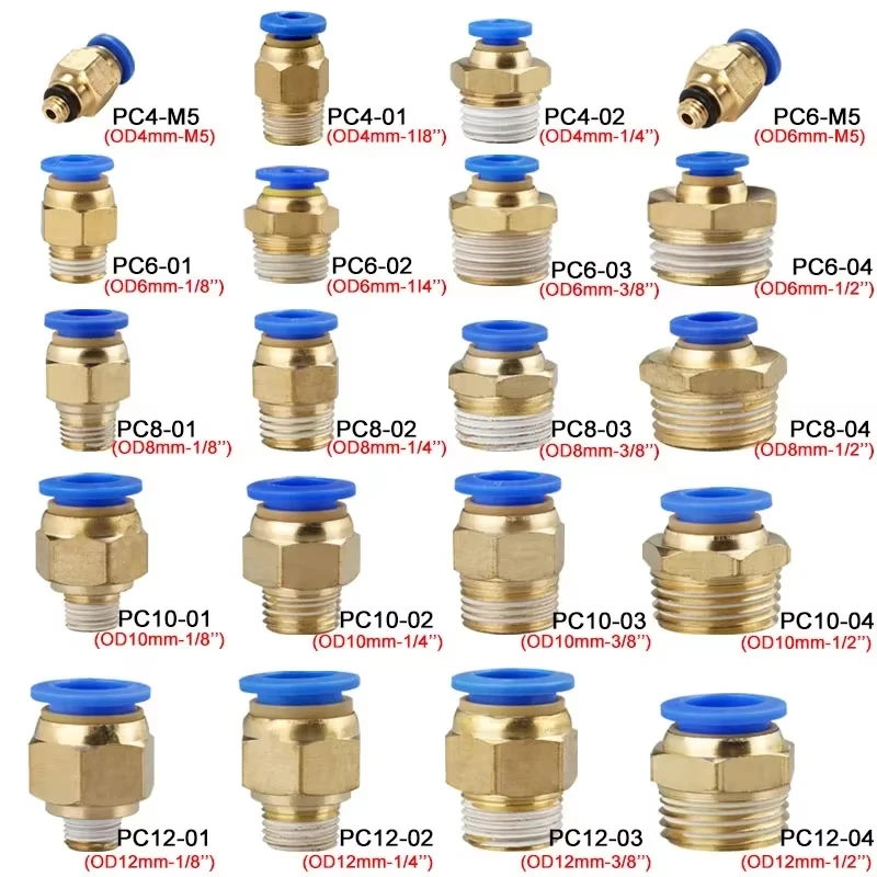 10 Buah Fitting Konektor Udara Pneumatik PC 4Mm 6Mm 8Mm 10Mm 12Mm Benang 1/8 "1/4" 3/8 "1/2" Fitting Selang Pipa Konektor Cepat